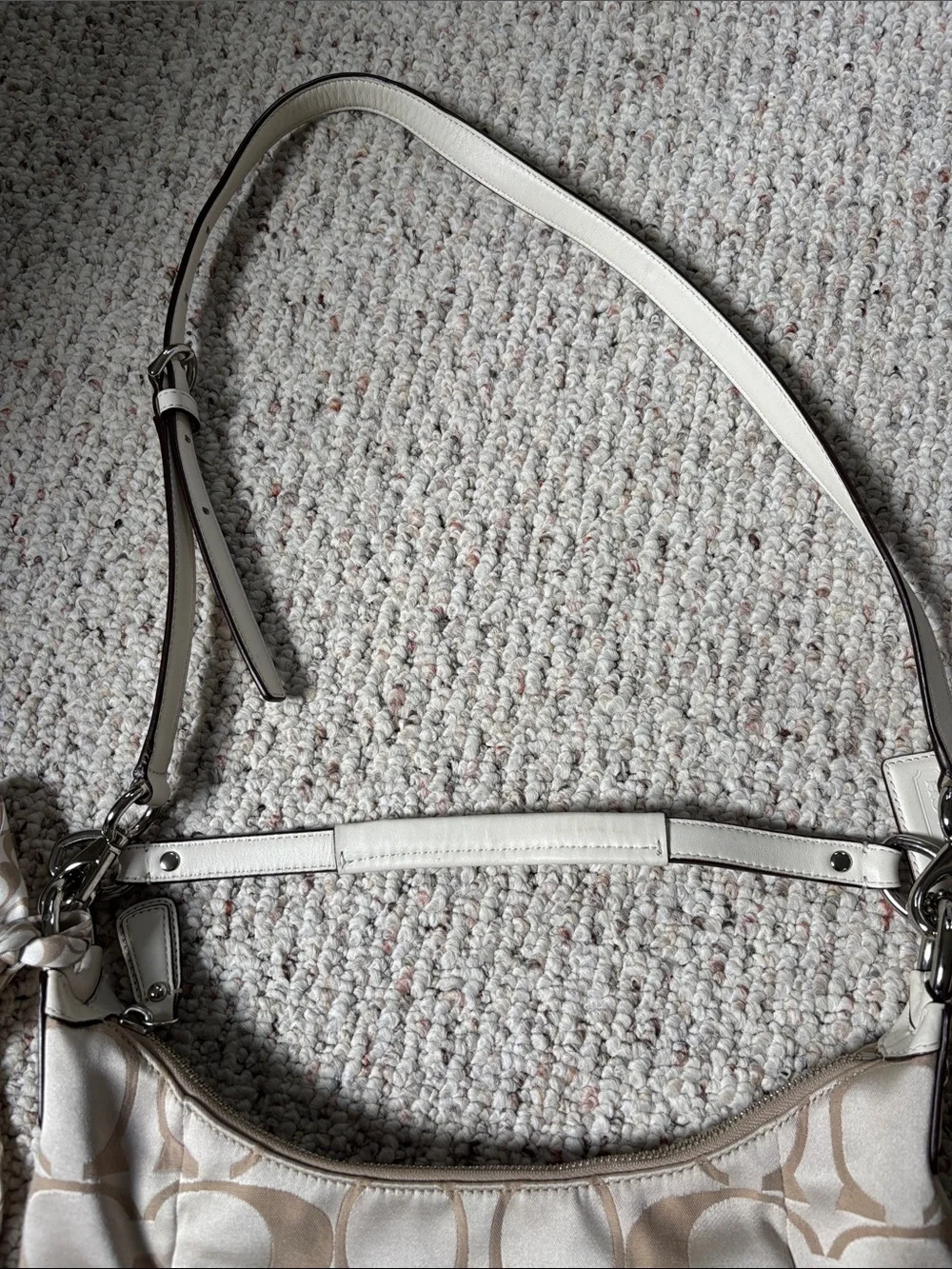 Coach Signature Hobo Bag in Beige and Ivory with Silver Hardware